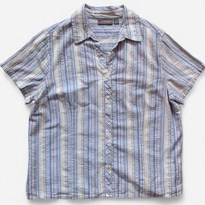 Croft & Barrow seersucker shirt striped button up short sleeve blue women L